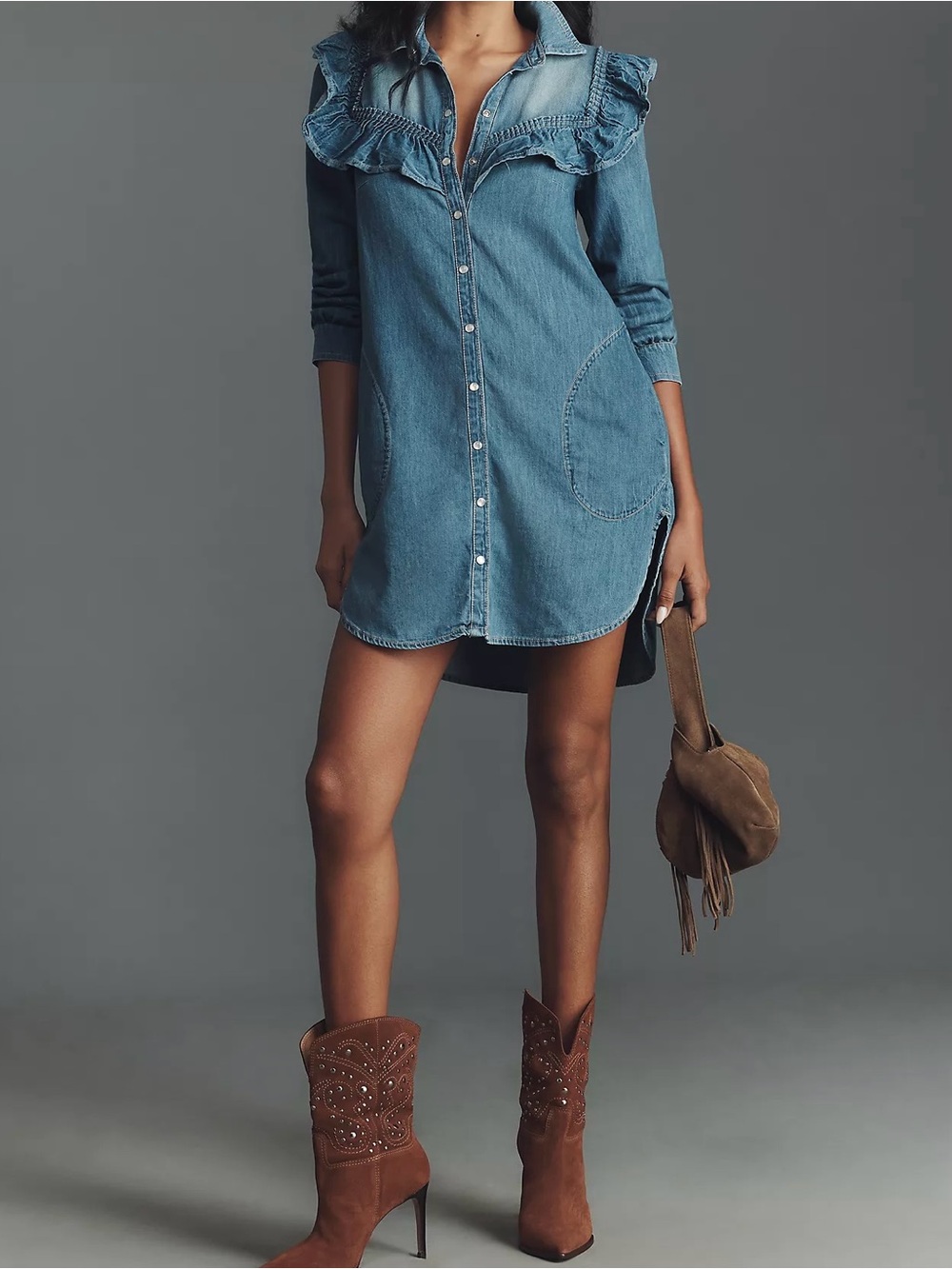 NWT Anthropologie Pilcro Size Large Blue Ruffle Denim Mini Shirt Dress - Picture 3 of 16